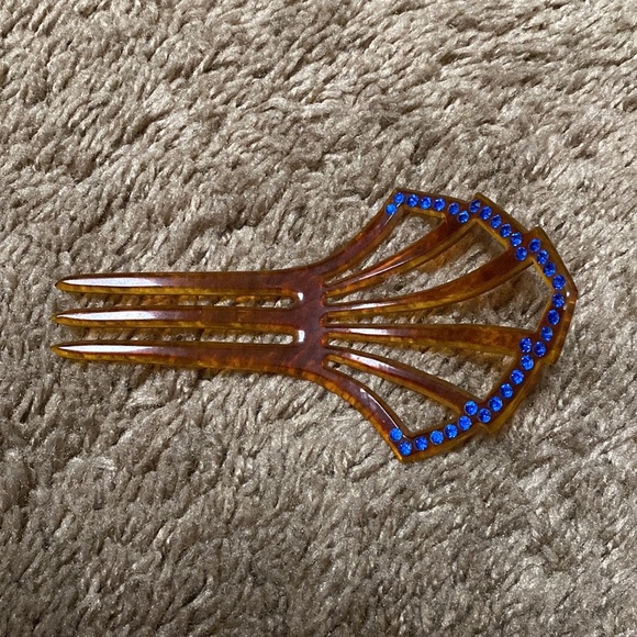 VTG Art Deco Celluloid Blue Rhinestone Hair Fork Comb - Picture 3 of 5